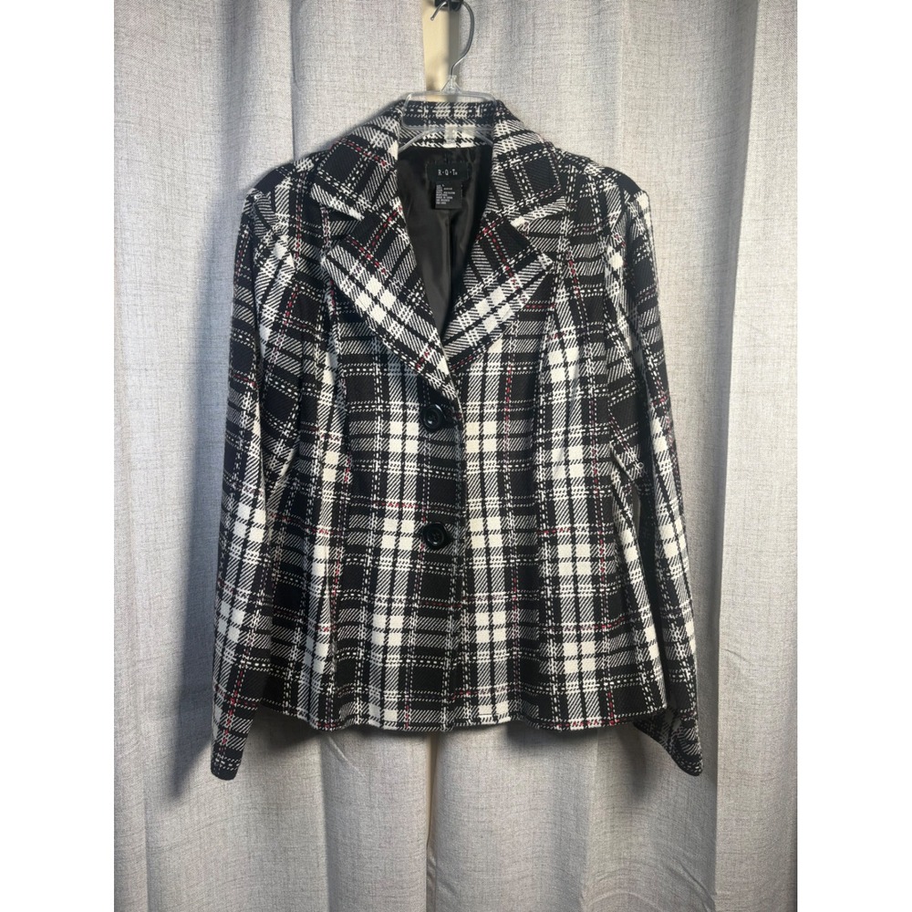 RQT Womens Black White Plaid Blazer Jacket Size Large Two Button Textured Coat